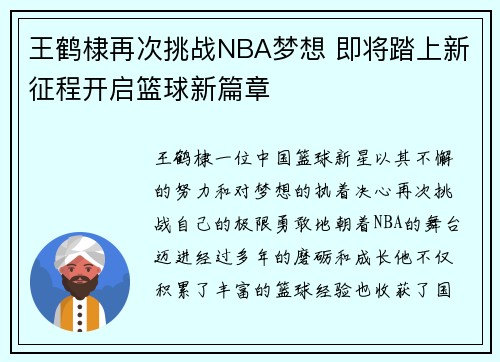 王鹤棣再次挑战NBA梦想 即将踏上新征程开启篮球新篇章